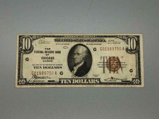 1929 $10 Brown Seal National Currency Chicago.  Old Us Currency.