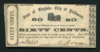1862 60 Sixty Cents City Of Richmond Virginia Obsolete Scrip Note