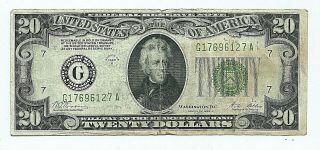 1928 B $20.  00 Federal Reserve Note = Chicago = Redeemable In Gold On Demand