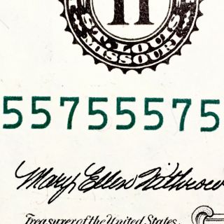 1993 $1 Frn Fancy Serial Number H55755575b Binary Note U.  S.  Currency Dollar Bill