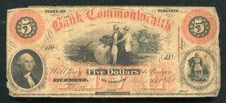 1861 $5 The Bank Of The Commonwealth Richmond,  Va Obsolete Currency Note