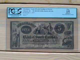 1857 $5 Merchants Bank Of South Carolina Cheraw Pcgs 15