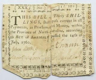 1760 North Carolina July 14 Thirty Shillings Colonial Note 30s - Fr.  Nc - 110