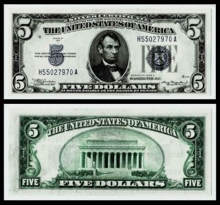 1934 - A $5 Dollar Silver Certificate Note Crisp Gem Uncirculated