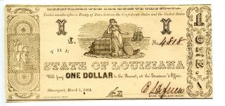 1864.  $1 Shreveport,  State Of Louisiana.  Civil War Issue.  Cu