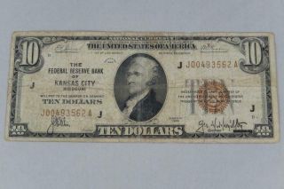 Series 1929 $10 Ten Dollars Federal Reserve Note Frn J Kansas City P0260