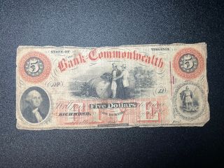 1861 $5 The Bank Of The Commonwealth Richmond,  Va Obsolete Currency Note