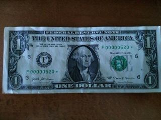 Fancy Serial Number 1 Dollar Bill - Series 2017 - Very Low Number - Star Note