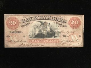 1859 Confederate Currency $20 Note Bank Of Hamburg South Carolina