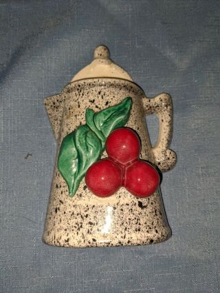 Vintage Wall Pocket Pitcher With Cherries Kettle Teapot Black Speckled