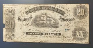 1861 Confederate States $20 Civil War Bank Note