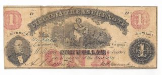 1862 Virginia Treasury Note,  Richmond One Dollar Obsolete Note No.  64964 - Cr17