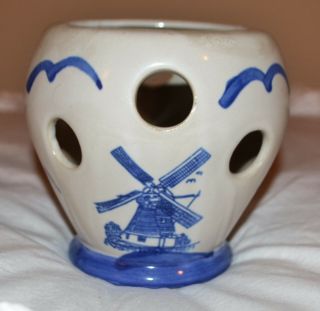 Delft Blue Flower Bulb Planter Hand Painted In Holland W/ Windmill