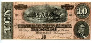 1864 $10 Dollar Bill T - 68 Confederate States Currency Civil War Note