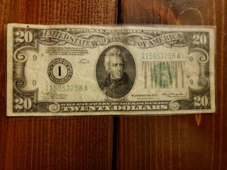 1934 $20 Twenty Dollar Green Seal Note I 15053257 A