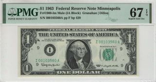 1963 $1 Federal Reserve Note Minneapolis Fr.  1900 - Im Mule Pmg Gem 67 Epq
