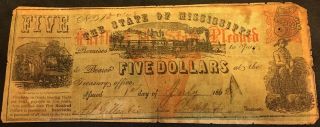 1862 State Of Mississippi $5 Dollar Note - Railroad Industry & Farming Vignettes
