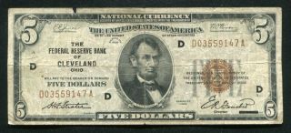 Fr.  1850 - A 1929 $5 Frbn Federal Reserve Bank Note Cleveland,  Oh (d)