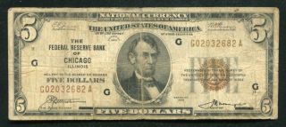 Fr.  1850 - A 1929 $5 Frbn Federal Reserve Bank Note Chicago,  Il (d)