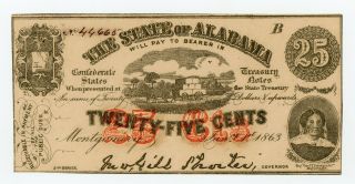1863 Cr.  6 25c The State Of Alabama Note - Civil War Era Cu