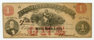 July 21,  1862 Cr.  17 $1 Virginia Treasury Note - Civil War Era