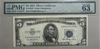 1953 $5 Silver Certificate Pmg Ch Unc 63 Fr 1655