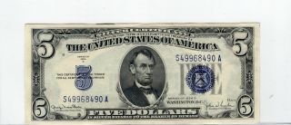 Series 1934 D $5 Five Dollars Blue Seal Silver Certificate Note - 2