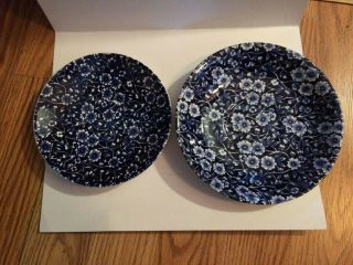 2 - Two Vintage English Dark Blue And White Ironstone Floral Design Saucers