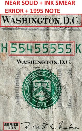 1995 Near Solid Binary Serial Number $1 Dollar Bill / Note,  Ink Smear Error