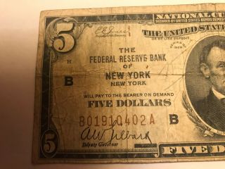 1929 $5 Federal Reserve Bank York,  NY National Currency 2