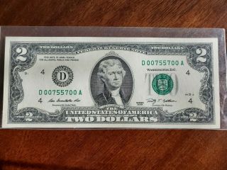 RADAR / LOW Serial Number 2009 $2 Dollar Bill / Federal Reserve Note Fancy CU 2