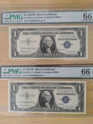 1957 B $1 One Dollar Us Note 2 Consecutive Pmg 66 Epq