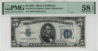 1934 $5 Silver Certificate Note Fr.  1650 Aa Block Pmg Choice About Unc 58 Epq
