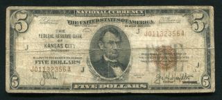 Fr.  1850 - A 1929 $5 Frbn Federal Reserve Bank Note Kansas City,  Mo (c)