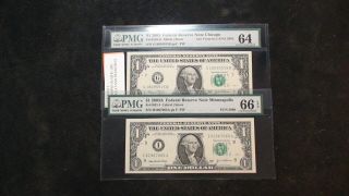 Two 2003 One Dollar Pmg 64 & 66 Ppq Show Notes Ana 2005 & Fun 2008 $1 Bills