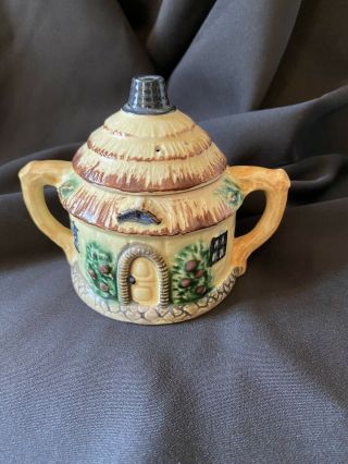 Vintage Sugar Bowl With Lid Cottage Design Glazed Mid Century