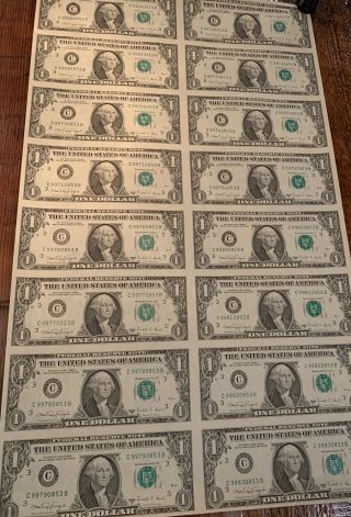 Uncut Sheet 16 $1 One Dollar Bills - 1988 Currency Notes