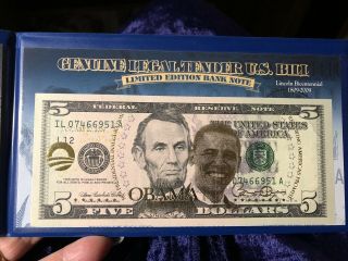 Barack Obama Limited Edition Inauguration Legal Gold Overlay $5 Bank Note Signed 3