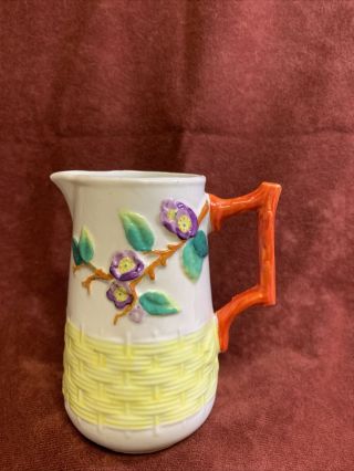 Vintage Small Majolica Pitcher Creamer Purple Flowers Yellow Basket Weave 5”