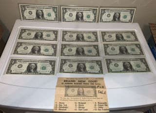 12 Uncirculated 1963 $1 Federal Reserve Notes From All 12 Districts
