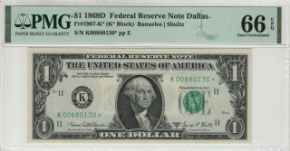 1969 D $1 Federal Reserve Star Note Dallas Fr.  1907 - K Pmg Gem Unc 66 Epq (130)