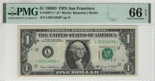 1969 D $1 Federal Reserve Star Note San Francisco Fr.  1907 - L Pmg Gem Unc 66 Epq