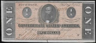 1864 $1 Confederate States Of America Note S/h After 1st Item