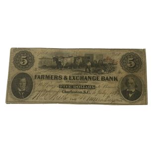 1856 South Carolina $5 Obsolete Currency Farmers & Exchange Bank Of Charleston