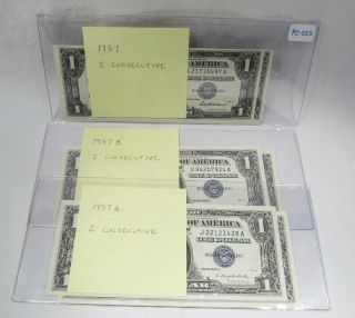 1957 Us $1 Silver Certificates 3 Pairs Consecutive Numbered Notes 6 Total Pc - 555