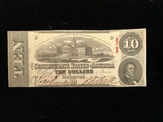 1863 Civil War Confederate Currency $10 Note Extra Fine - About Uncirculated