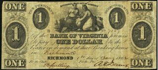 Obsolete Currency Richmond,  Va - Bank Of Virginia $1 Jan.  1,  1862 Civil War Era
