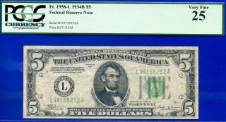 1934 - B $5 Frn ( (san Francisco))  Pcgs Very - Fine 25 " Vinson " L99155252a.