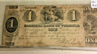 Obsolete Authentic The Bank Of Virginia $1 Currency Note 1861 Richmond Va.