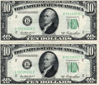 Set Of 2 1950 A Federal Reserve Bank $10 Ten Dollars Notes Fr 2011 - B